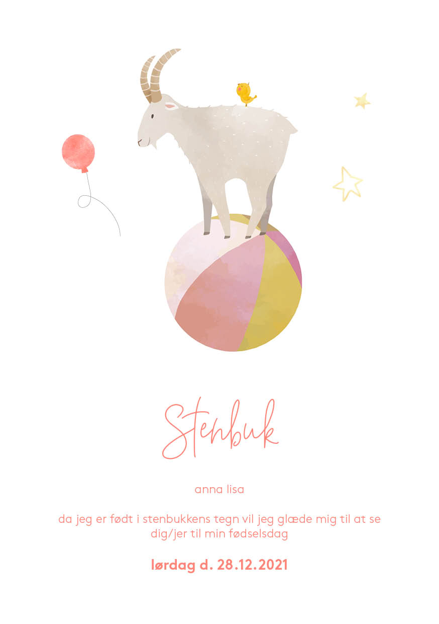 
                Dåbsinvitation med en cute tegning af dåbsbarnets stjernetegn. Denne invitation har en sød tegning af stjernetegnet stenbuk på og nogle stjerner og en ballon. I kan på bagsiden indsætte gaveønsker eller indsæt et skønt foto af det lille dåbsbarn.. Til invitationen findes alt det relaterede festpynt I har brug for i samme design i form af velkomstskilt, bordoversigt, menukort, bordkort, drinkskort, takkekort mm. således I kan skabe en rød tråd for dagen.                